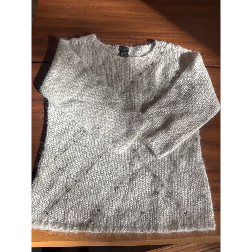 Sigrid Olsen Mohair Wool Blend Fuzzy Beaded Diamond Sweater Cream Small